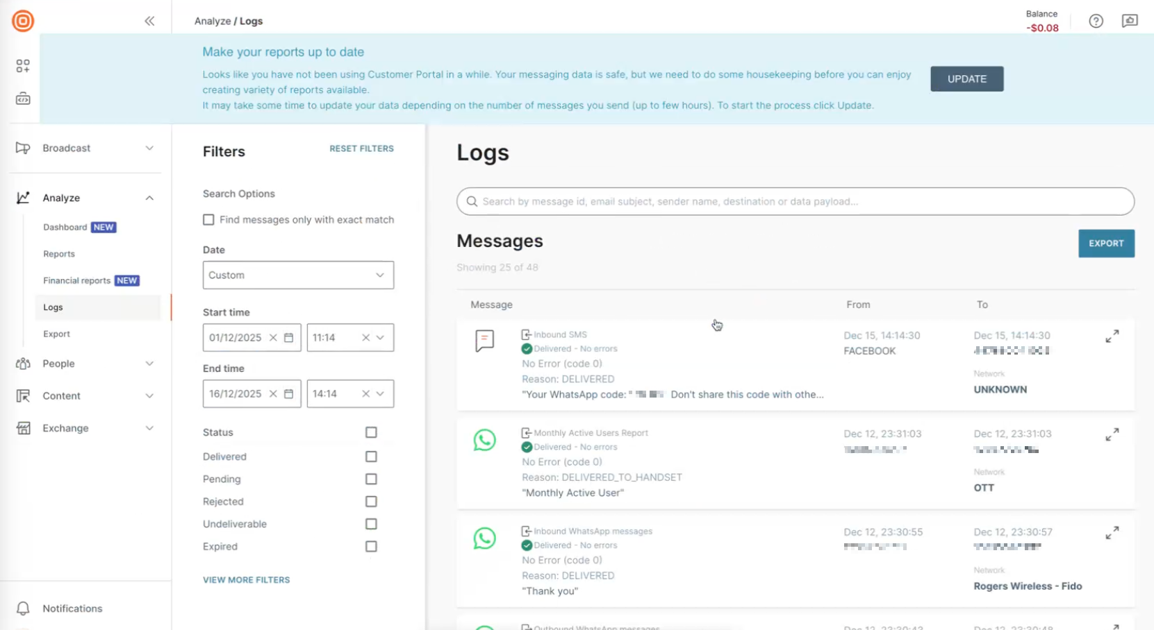 Message logs showing an inbound SMS message with the verification code.