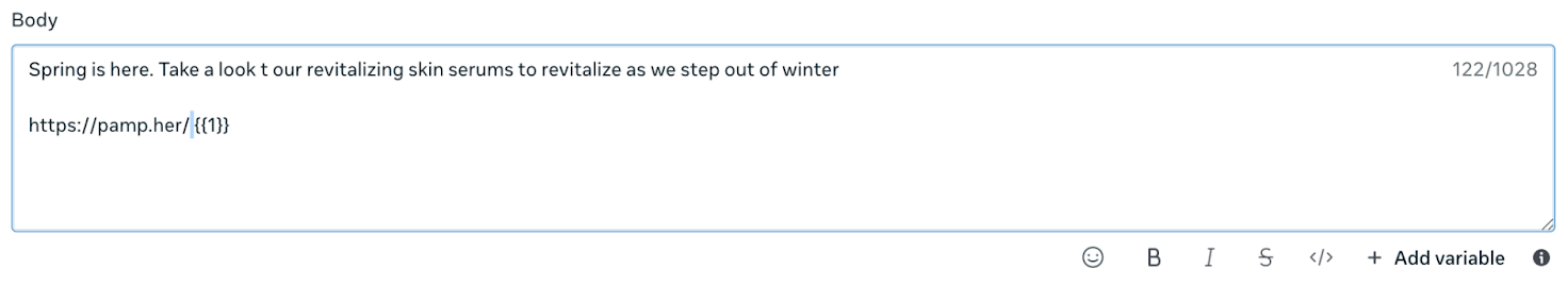 Textbox to enter the content body for the call to action.