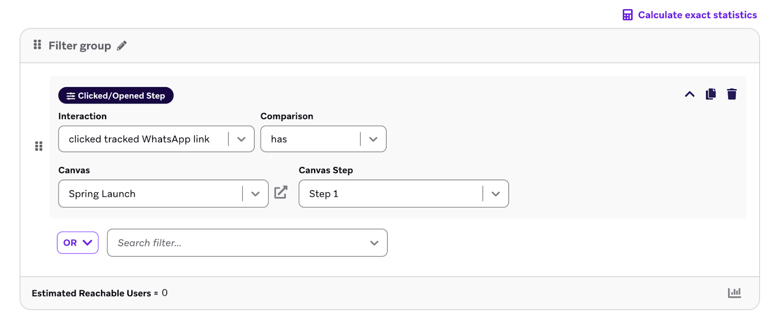 Filter group with a filter for "clicked tracked WhatsApp link".