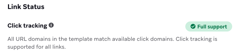 "Link Status" section showing an active status for click tracking.