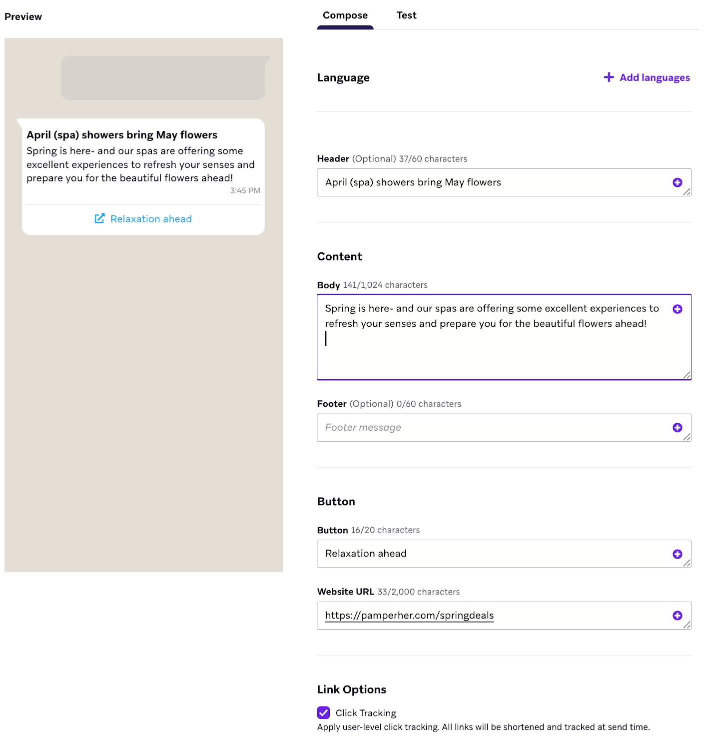 WhatsApp message composer with content body and a button.