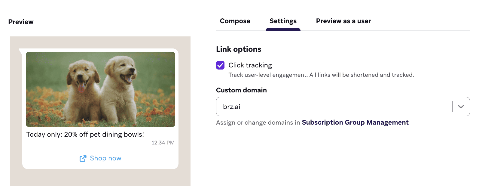 Settings tab in the Template Builder showing the Link options section with the Click tracking checkbox enabled and a Custom domain dropdown.
