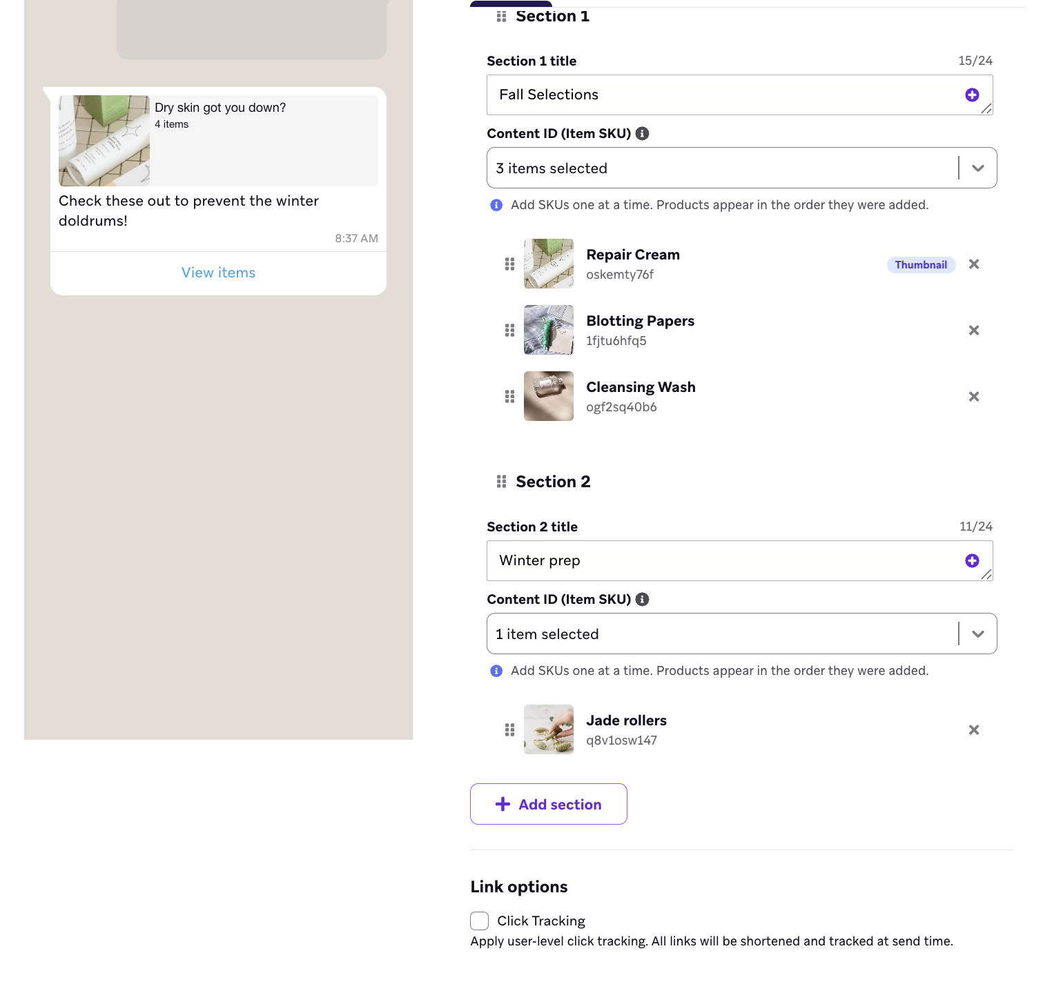 Example Meta product message with filled out information for products.