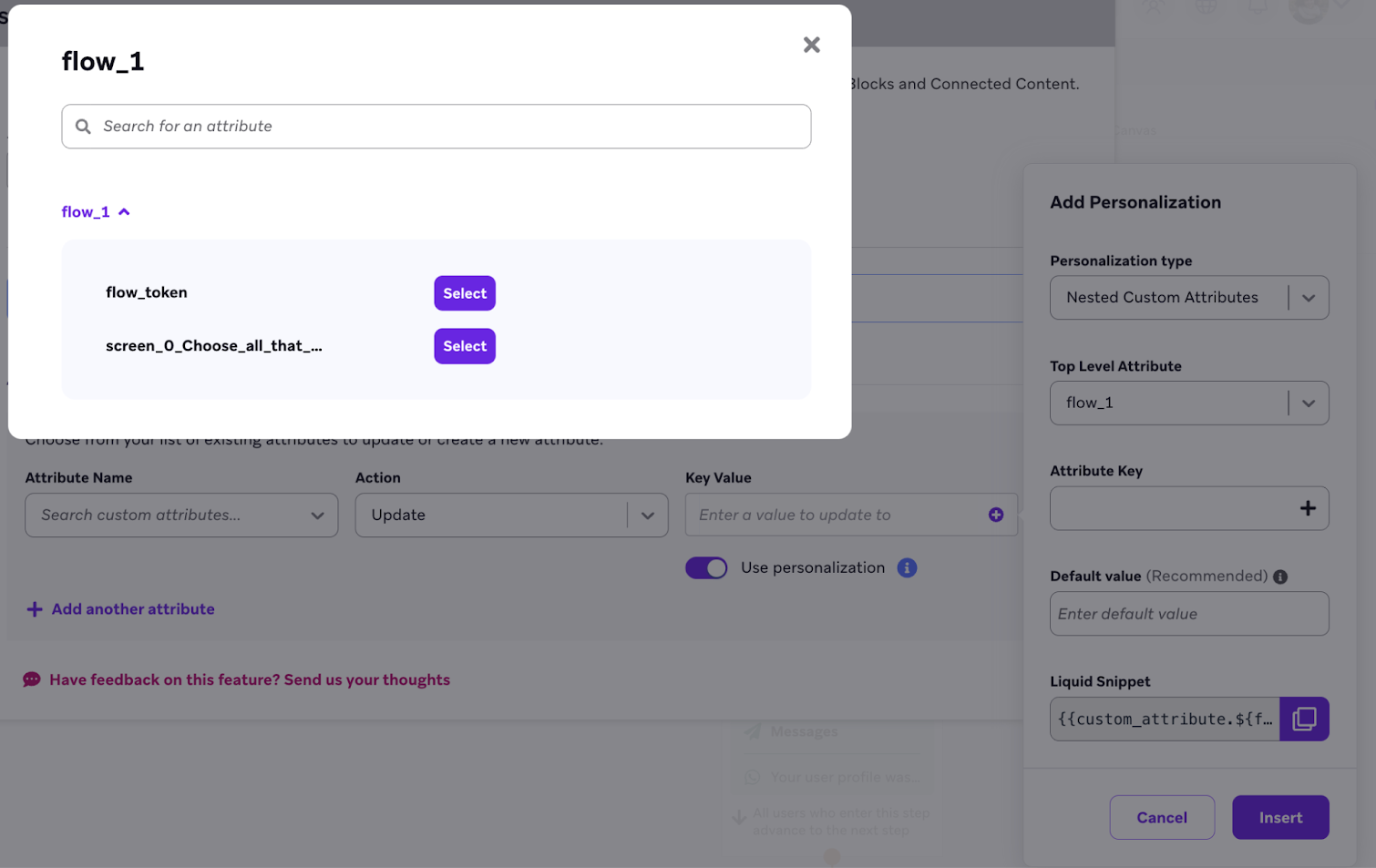 Window for "flow_1" with attributes to select from.