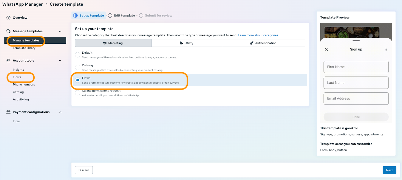 WhatsApp Manager with a page to create a Flows template.