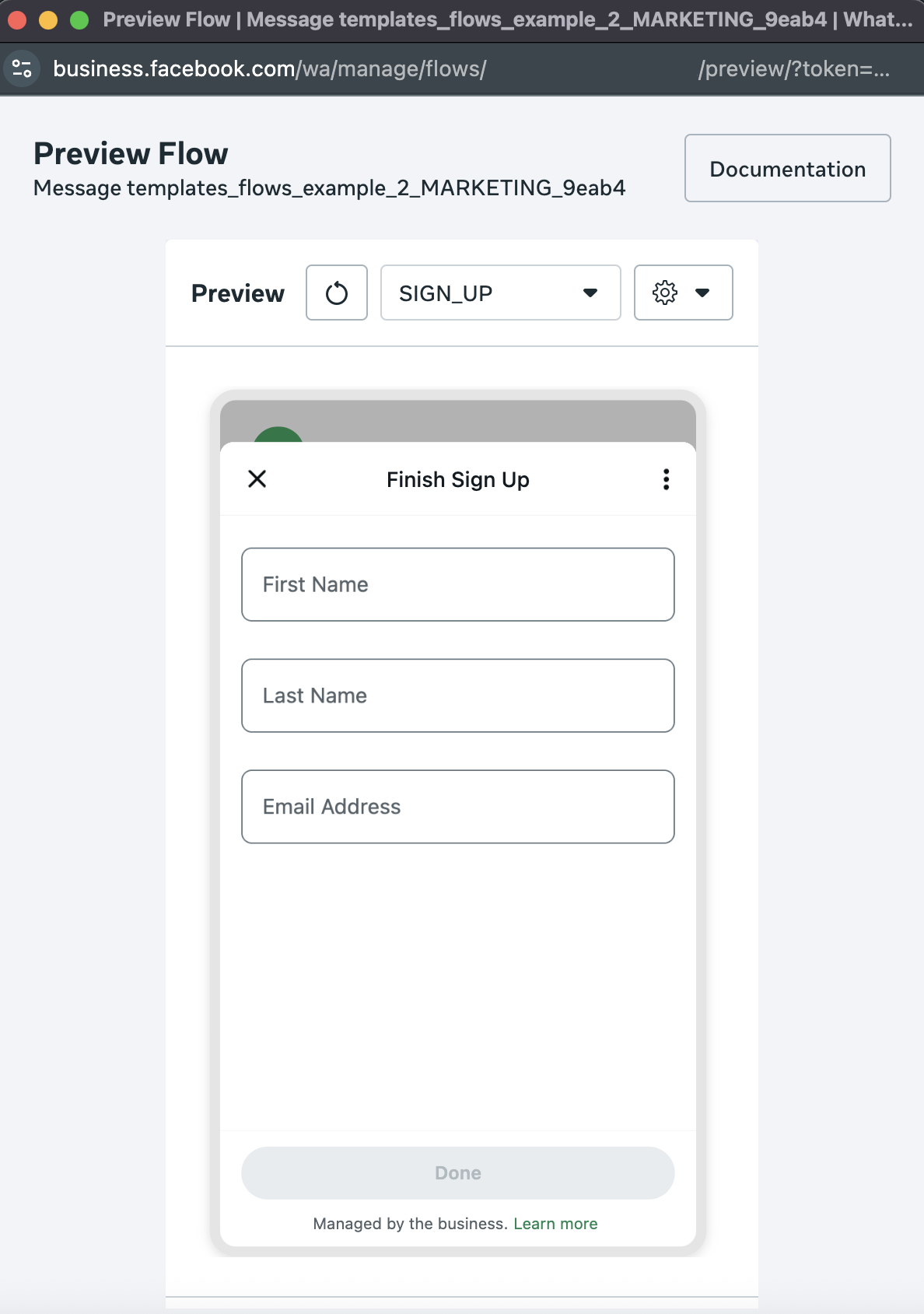 Preview window displaying a form for a user to finish sign up.