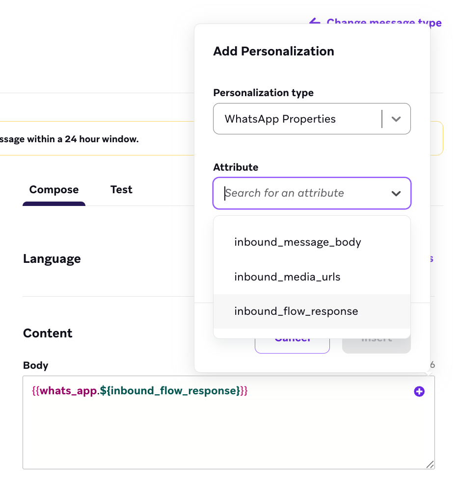 WhatsApp message composer with an "Add Personalization" component to insert a WhatsApp properties personalization with the custom attribute `inbound_flow_response`.