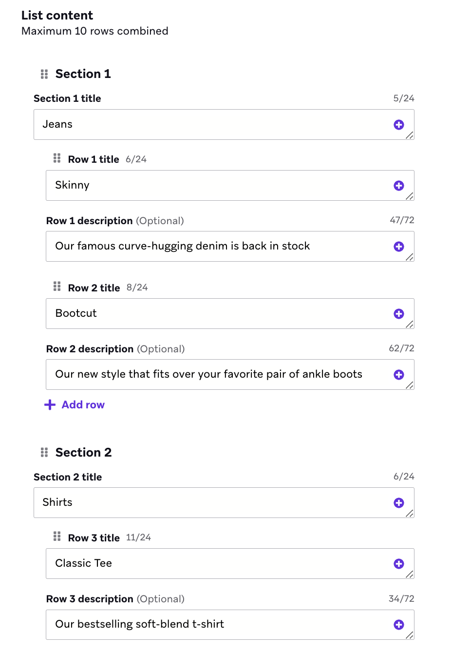 The "List content" section filled out with two sections, and several rows and row descriptions.