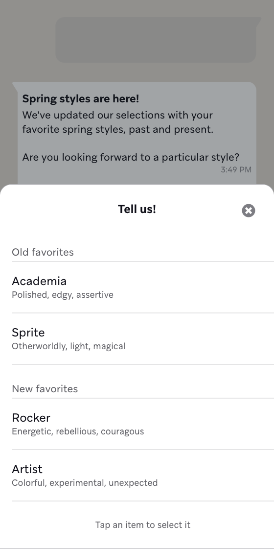 Example of a WhatsApp list message with rows for different fashion styles.