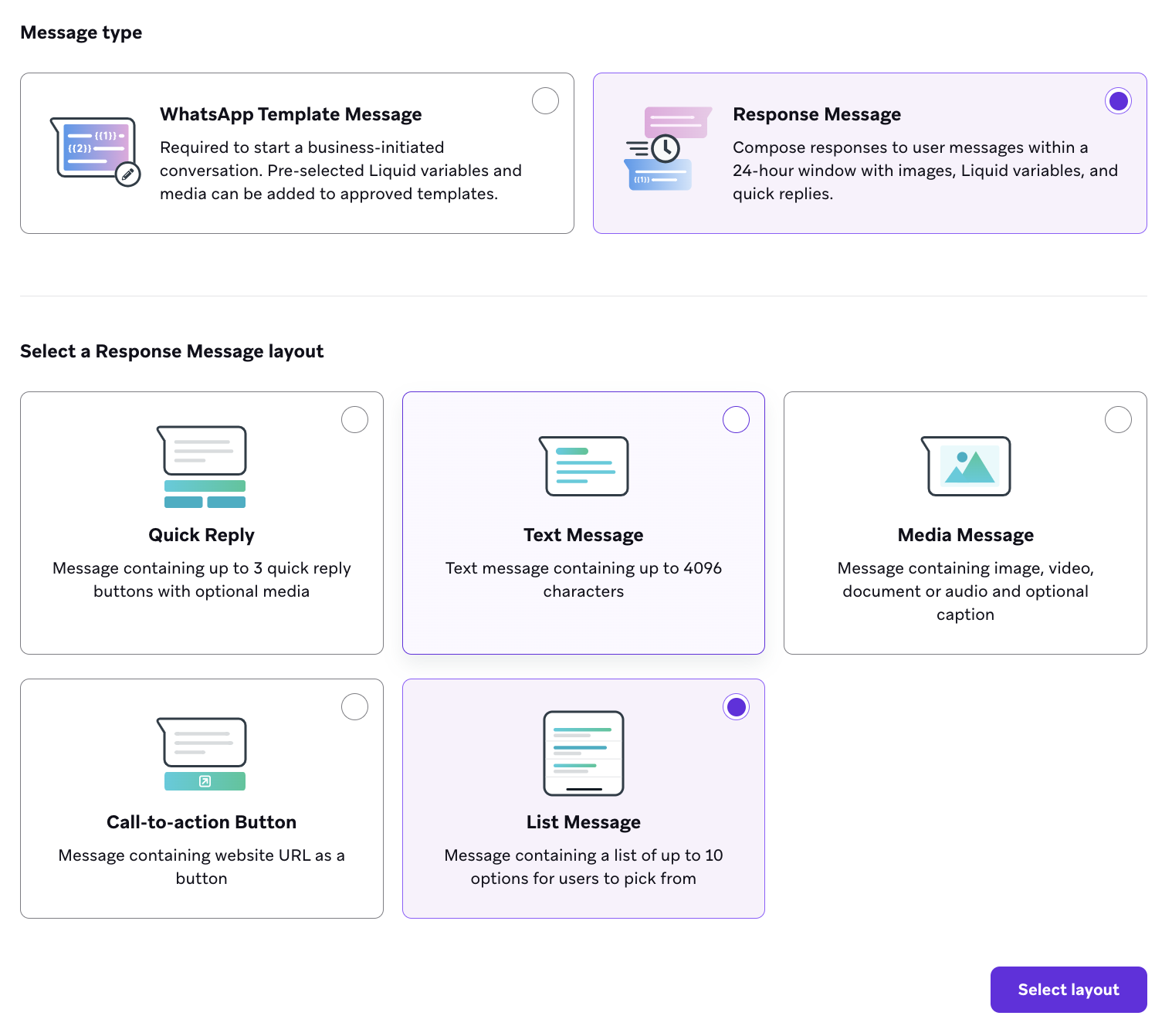 A selectable collection of the different types of WhatsApp response messages you can create, including "List Message".