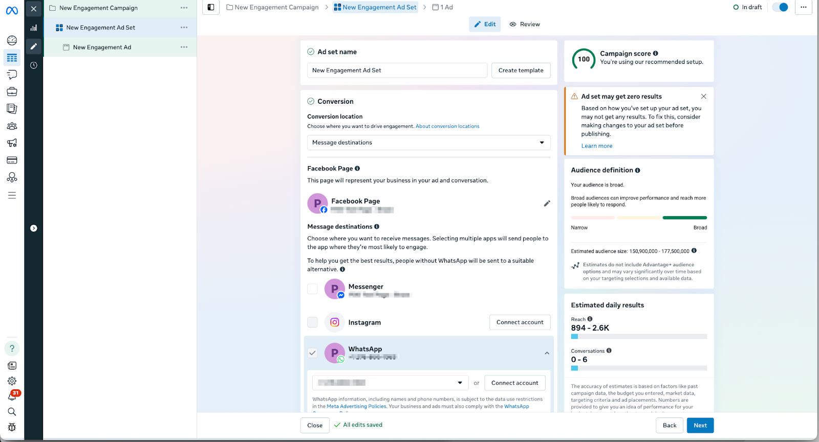 Ads Manager with a composer to create an engagment ad.