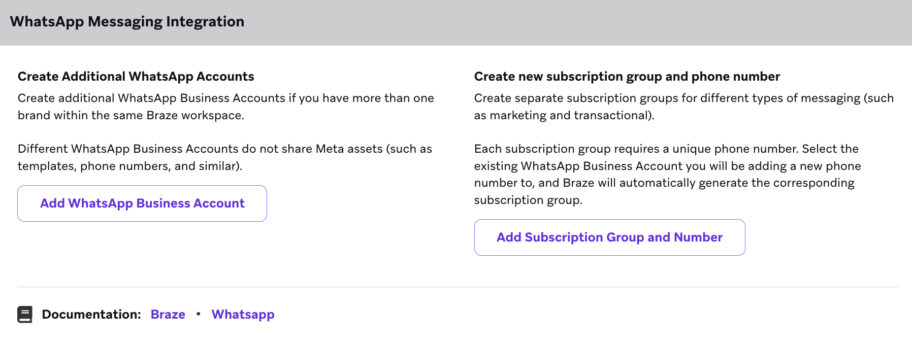 "WhatsApp Messaging Integration" with options to add a WhatsApp Business Account or a subscription group and number.
