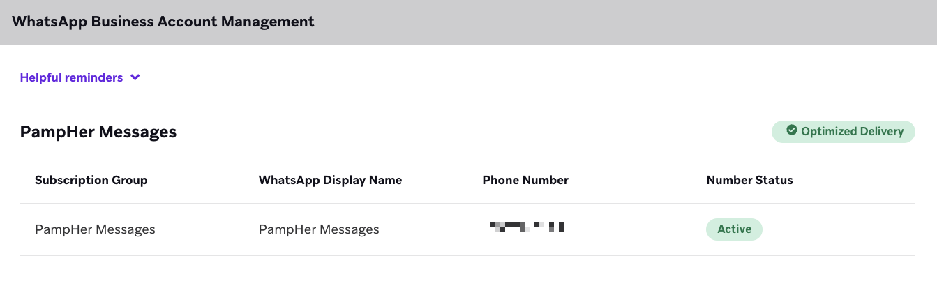 WhatsApp Business Account Management section with a listed subscription group that has an Active number status.