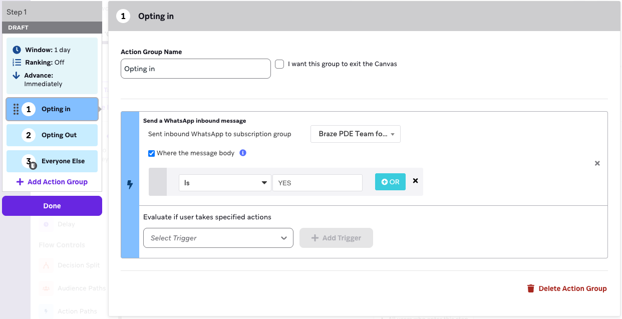 Canvas step with an "Opting in" group with a trigger event of "Sent inbound WhatsApp to subscription group" and a trigger word of "YES".