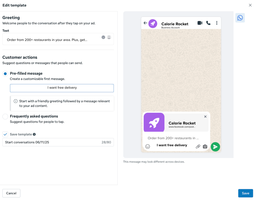 Ads Manager template composer with a pre-filled message of "I want free delivery".