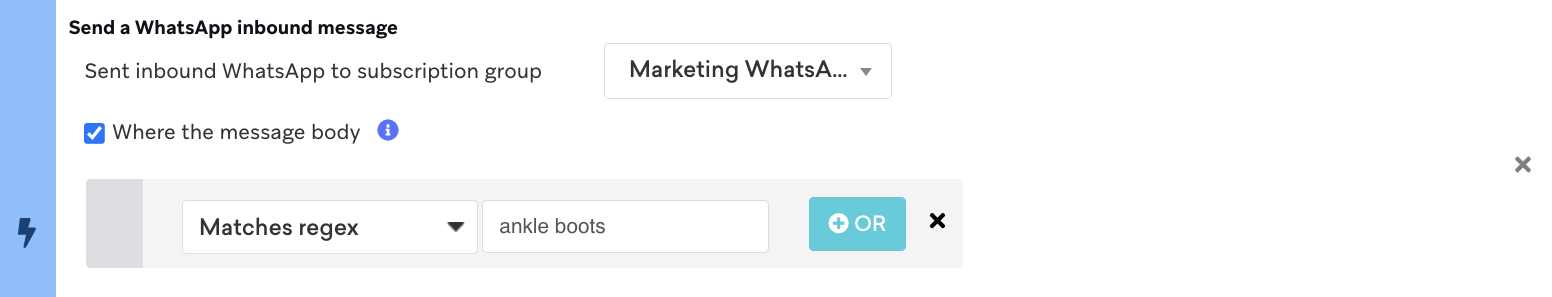 A WhatsApp trigger using the filter for "Matches regex" to capture response messages with "ankle boots".