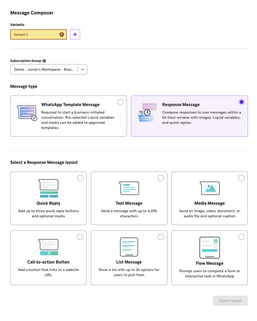 Message composer with options to select the message type and message layout.