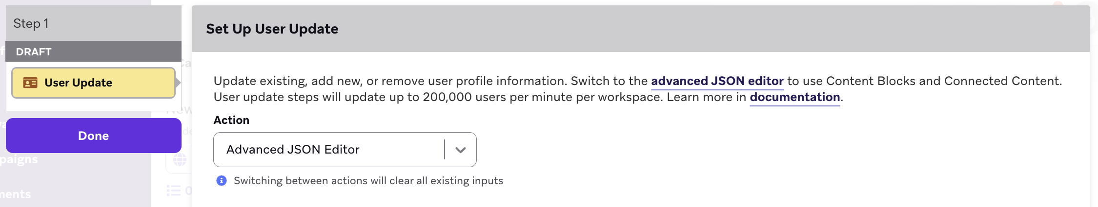 User Update step with an action of "Advanced JSON Editor".