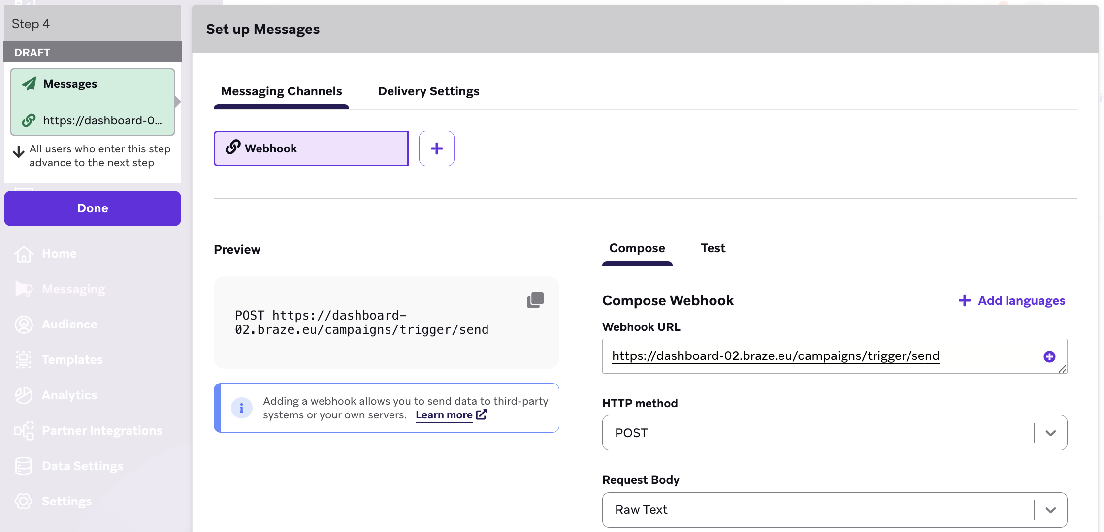 Message step for a webhook.
