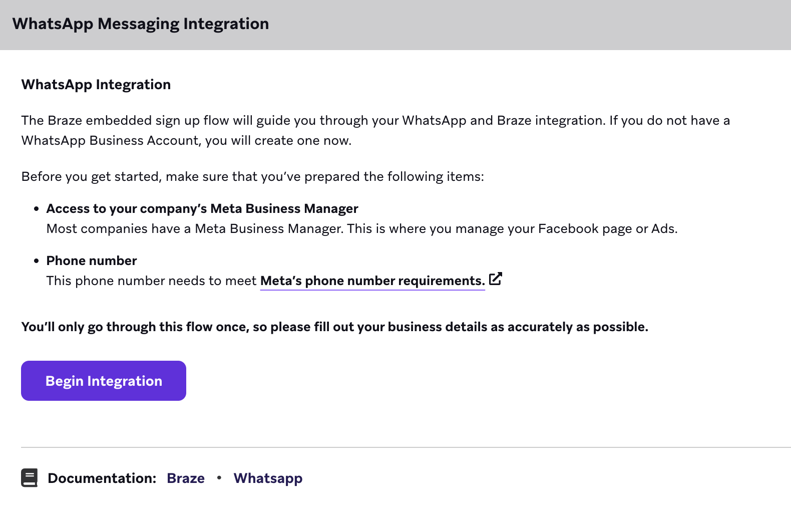 WhatsApp partner page with a button to begin the integration.