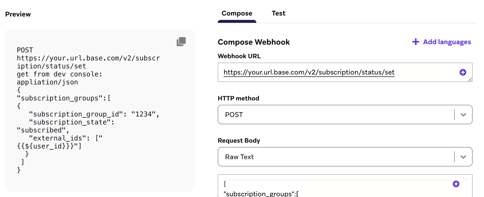 Webhook composer with a message using the POST method.