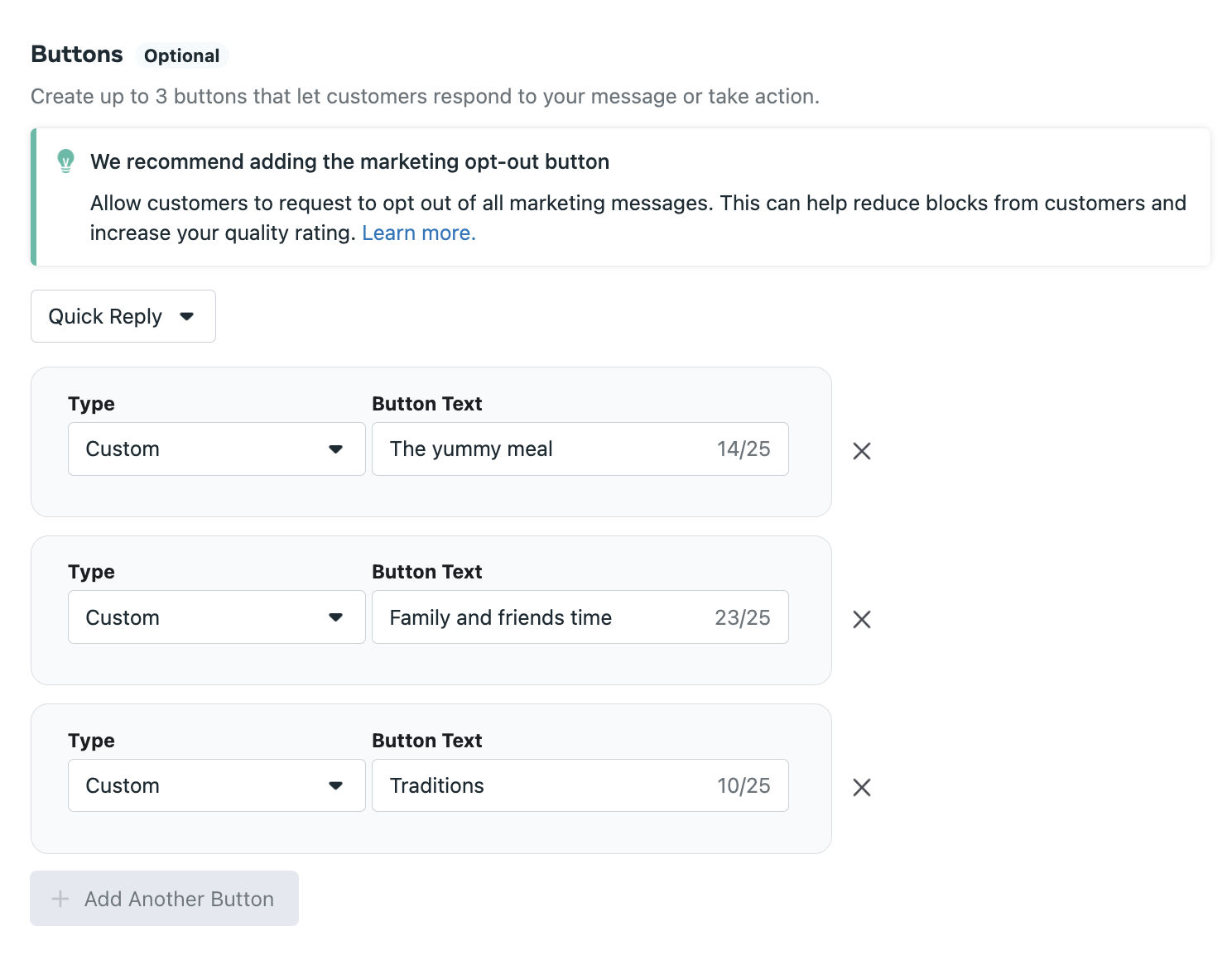 The WhatsApp message template manager UI showing how to create a CTA button, providing the button type (custom) and the button text.