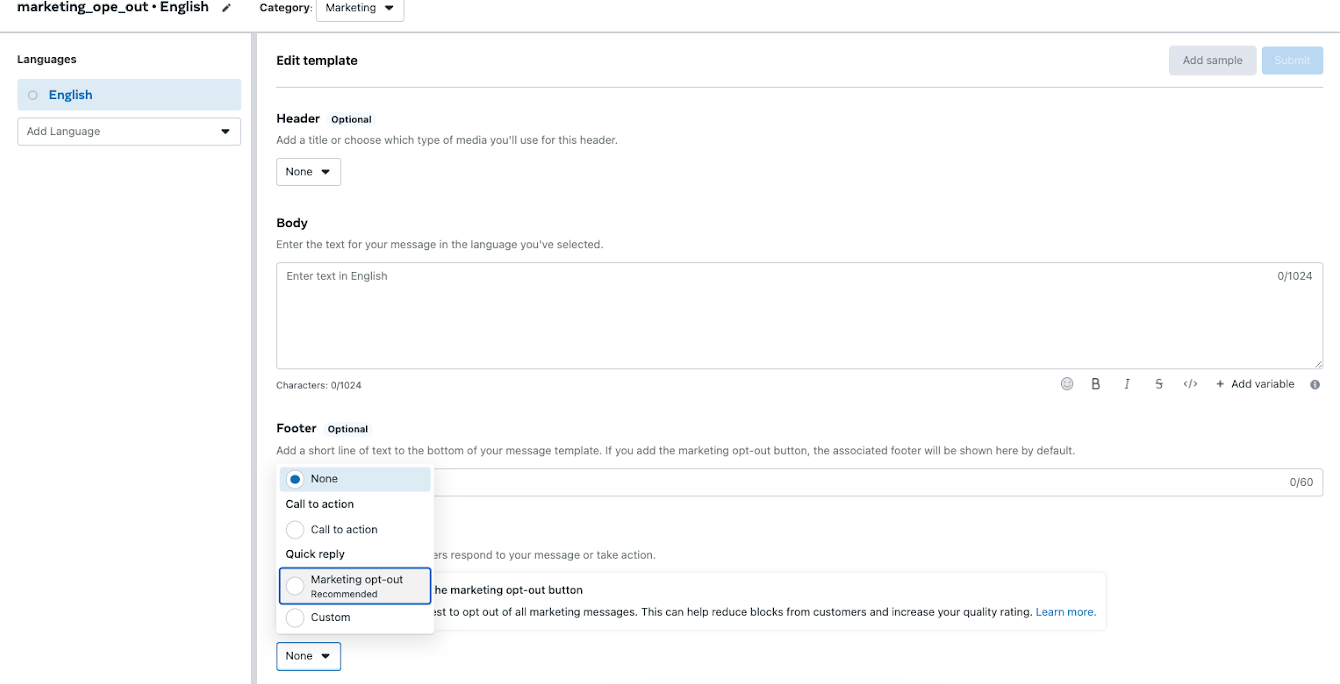 Message template with a footer option of "Marketing opt-out"