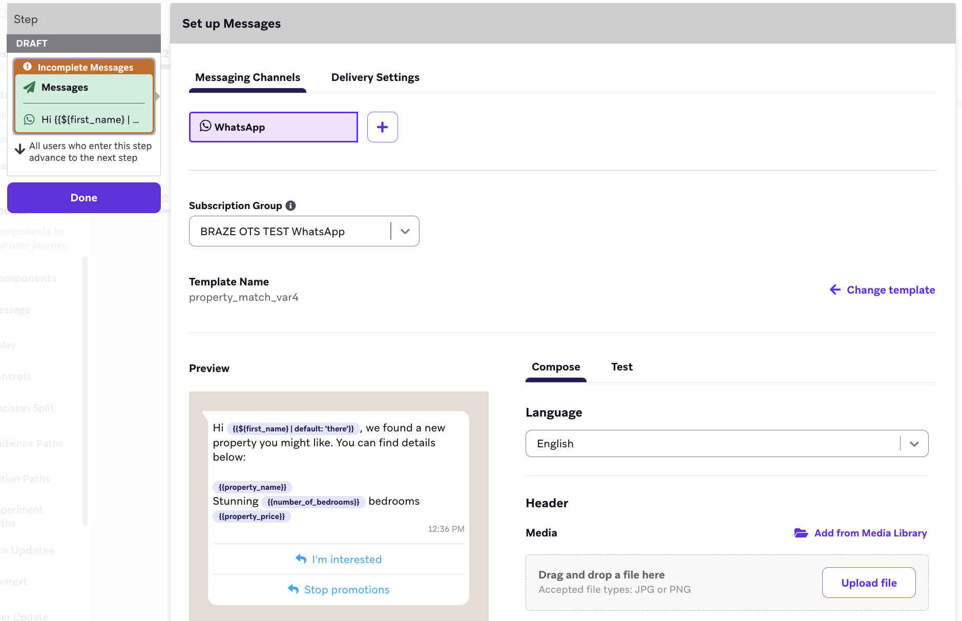 WhatsApp step message composer with a populated quick reply template.