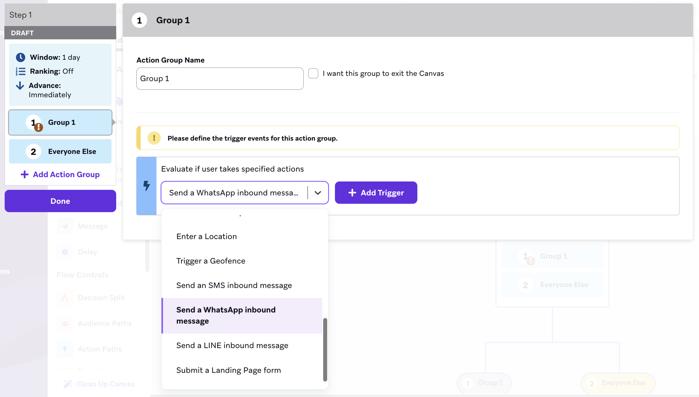 A Canvas where the evaluation action is "send a whatsapp inbound message".