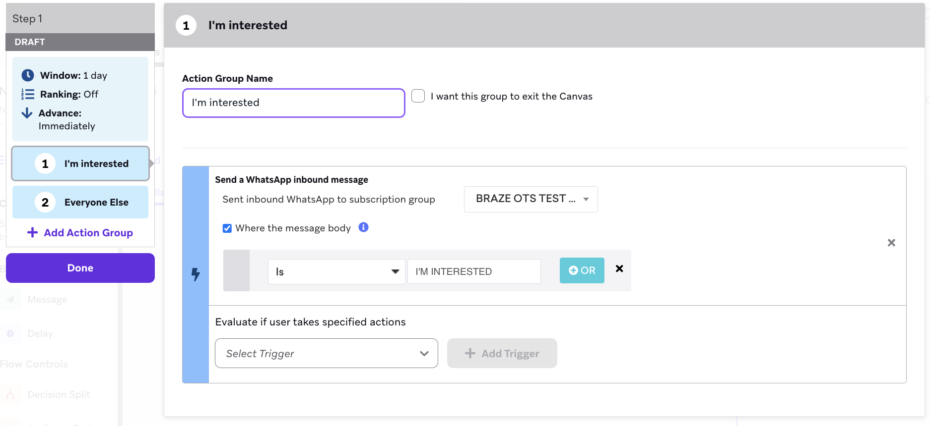 A Canvas step where the action "send a whatsapp inbound message" is set to send when a specific message body is received.