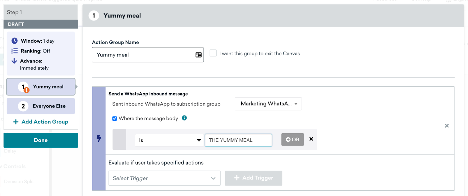 A Canvas step where the action "send a whatsapp inbound message" is set to send when a specific message body is received.
