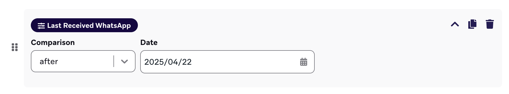 Filter for last receiving a WhatsApp message on April 22, 2025.