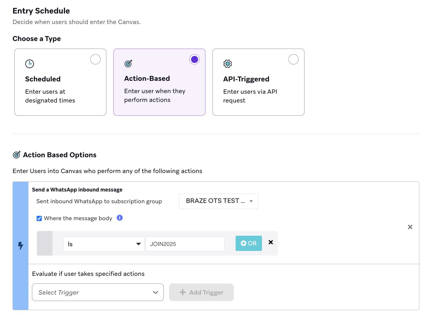 Action-based Canvas scheduling options.