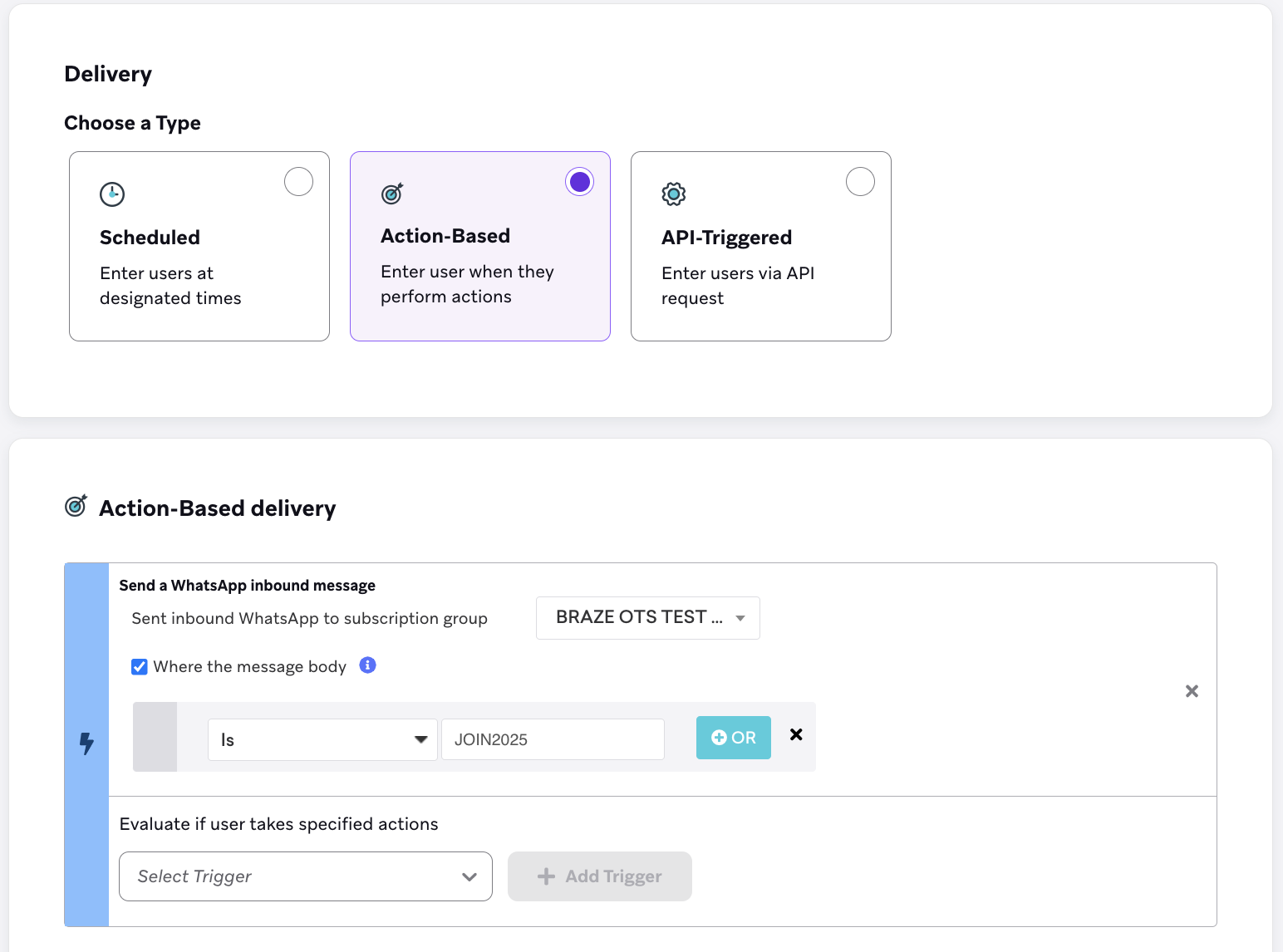 Action-based campaign scheduling options.