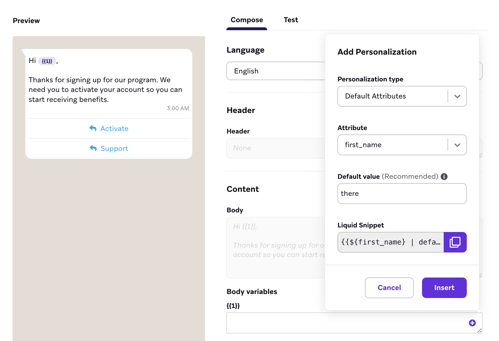 The Add Personalization tool with the attribute "first_name" and the default value "you".