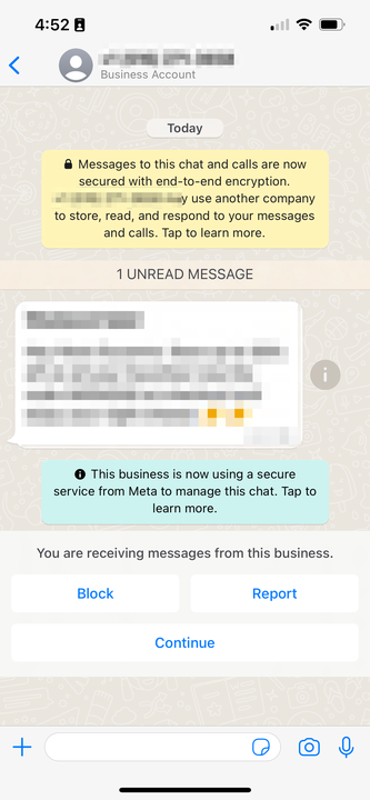 WhatsApp message thread with options to block or report a business