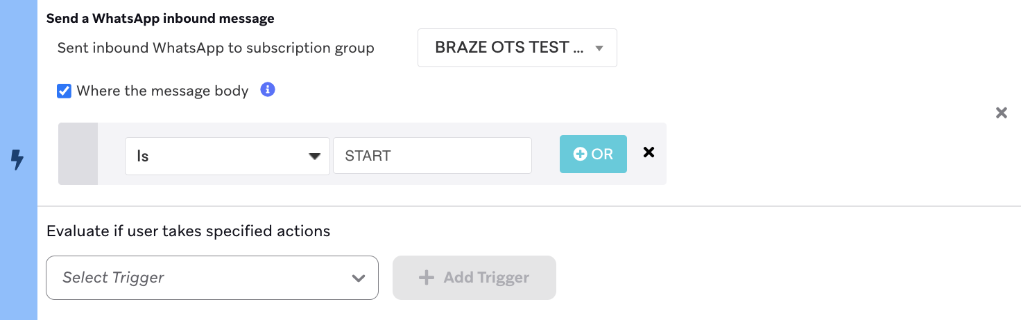 A WhatsApp message step where the message body is "START".