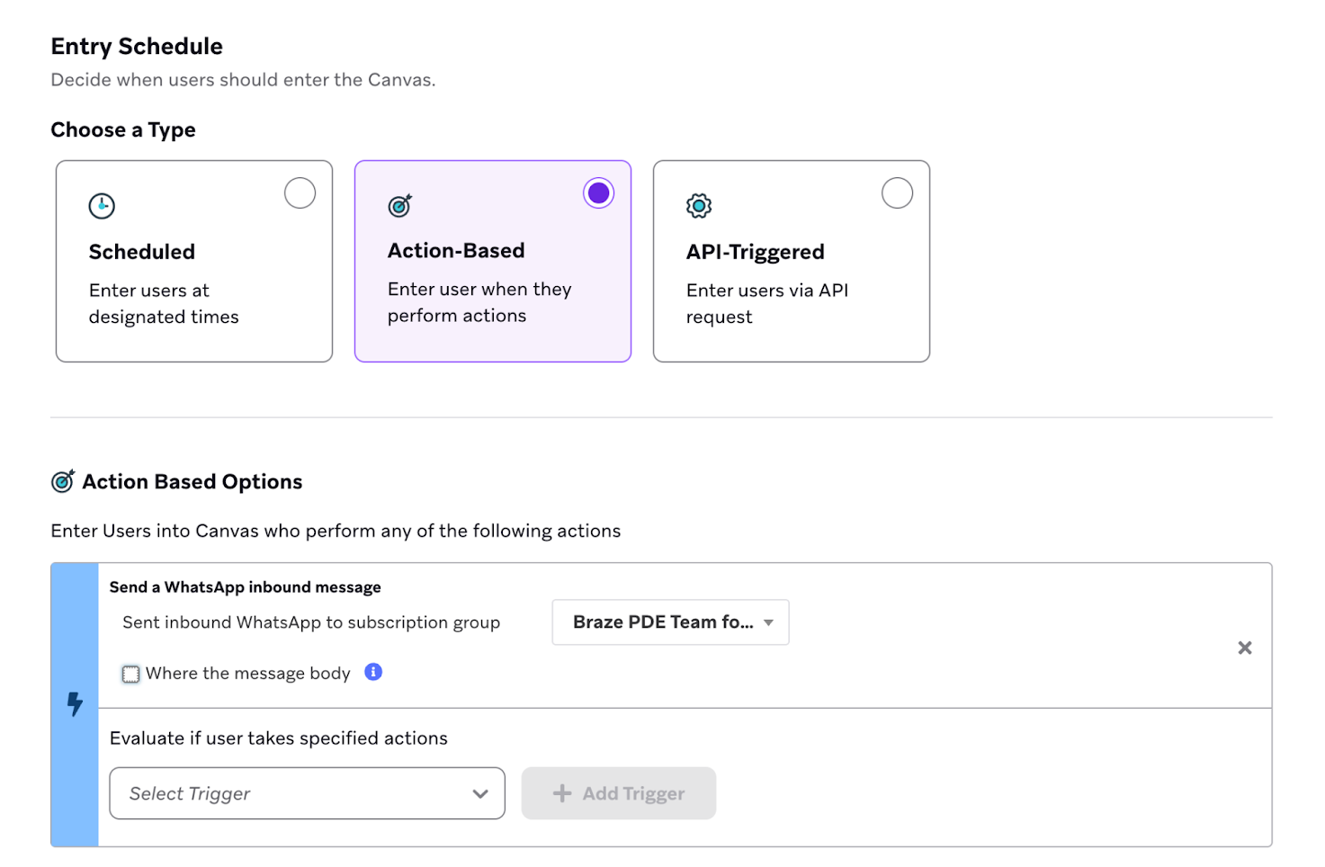 An action-based entry step with the trigger "Send a WhatsApp inbound message".