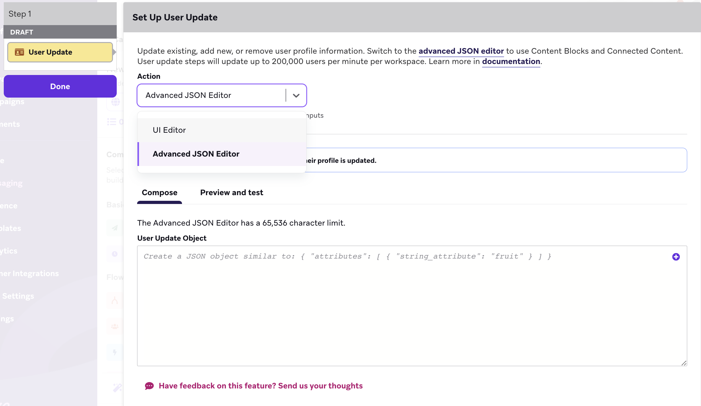 User Update step with an Advanced JSON Editor step.