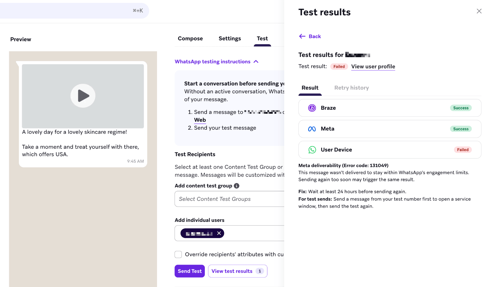 Test results panel showing two successful test sends and one failed test send.