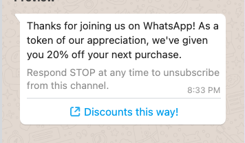 WhatsApp message with a footer stating to respond STOP to unsubscribe from the channel