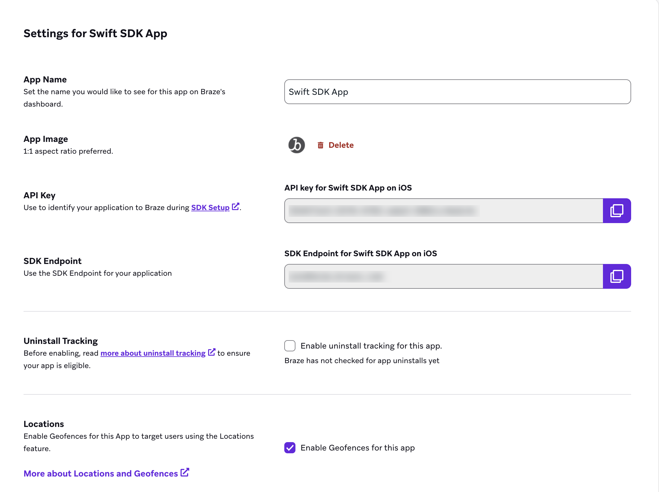 Settings page for the Upon Voyage iOS app with fields for the API Key and SDK Endpoint.