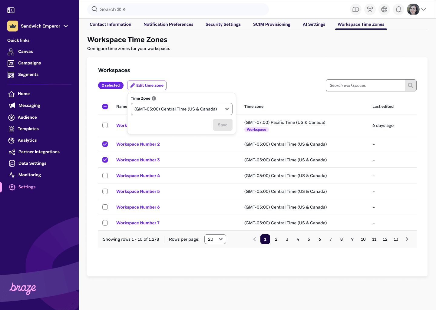 "Workspace time zones" page with multiple workspaces selected and an "Edit time zone" button.