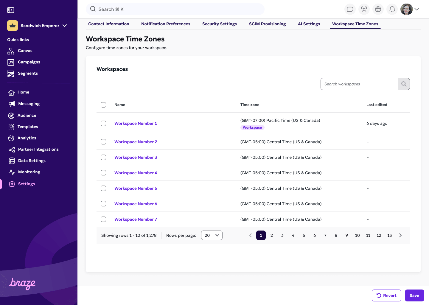"Workspace Time Zones" page with a list of workspaces, their respective time zones, and when the time zones were last edited.
