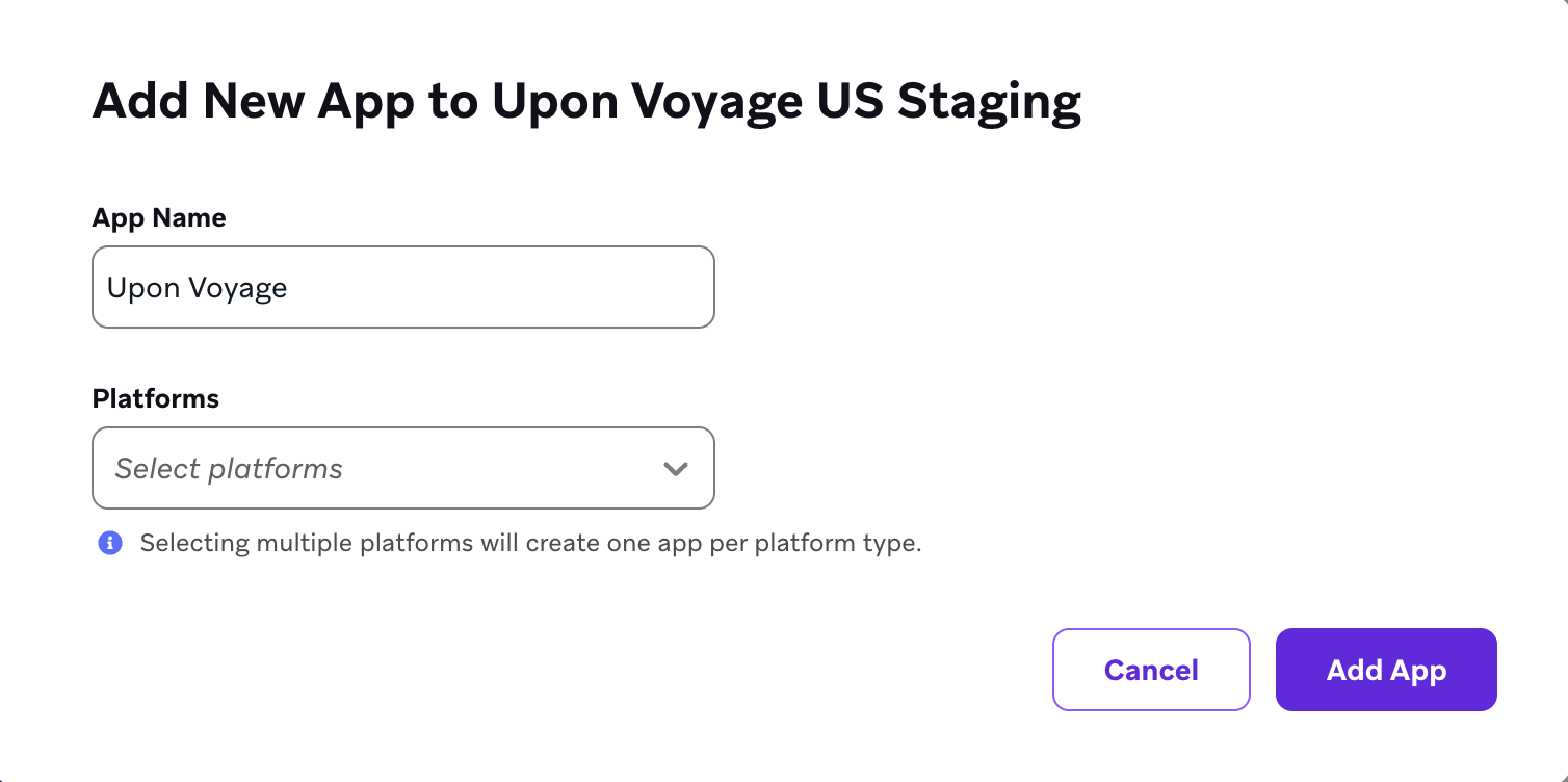 "Add New App to Upon Voyage US - Staging" modal with options to select app details.