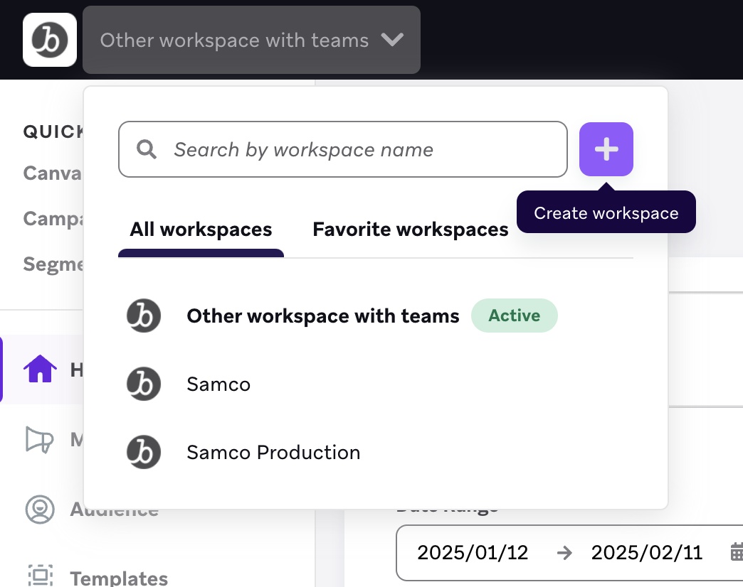 The workspace dropdown with the "Create workspace" button.