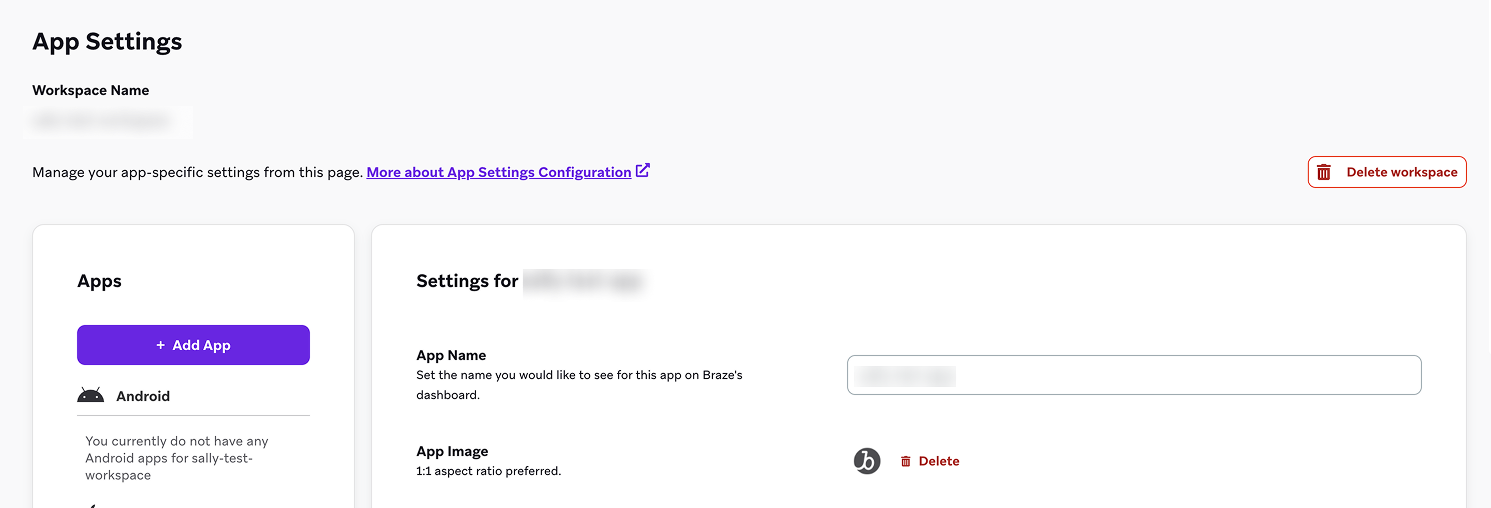 The App Settings page with a button to delete a workspace and a trash can icon to delete an app.