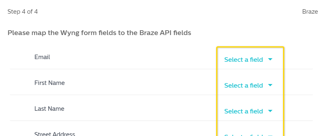 An example of the different Wyng fields you can map to certain Braze fields.