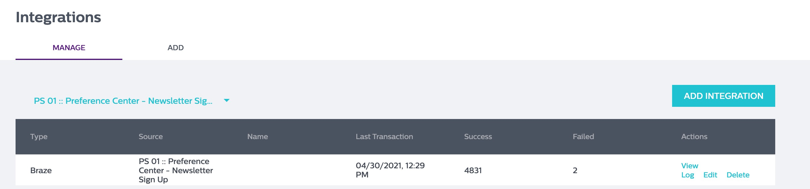 The "View Log" link found under the actions header.