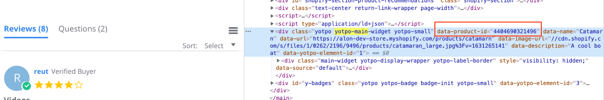 Inspect and search for yotpo-main to find the data-product ID variable